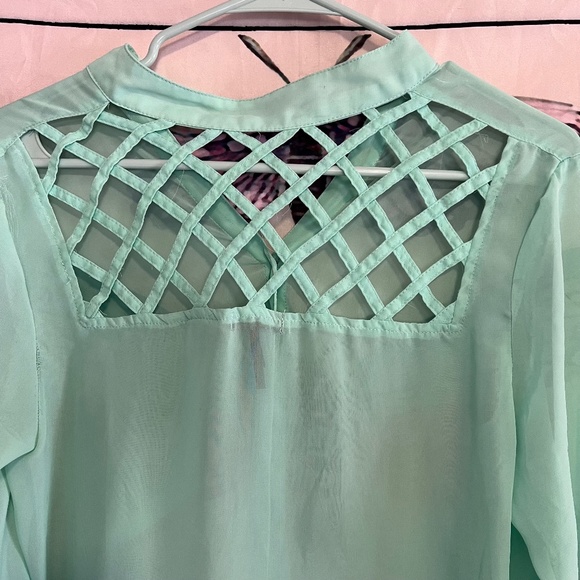 Sheer Sea Foam Green Button Up shirt with lattice cut weaving - Picture 10 of 11